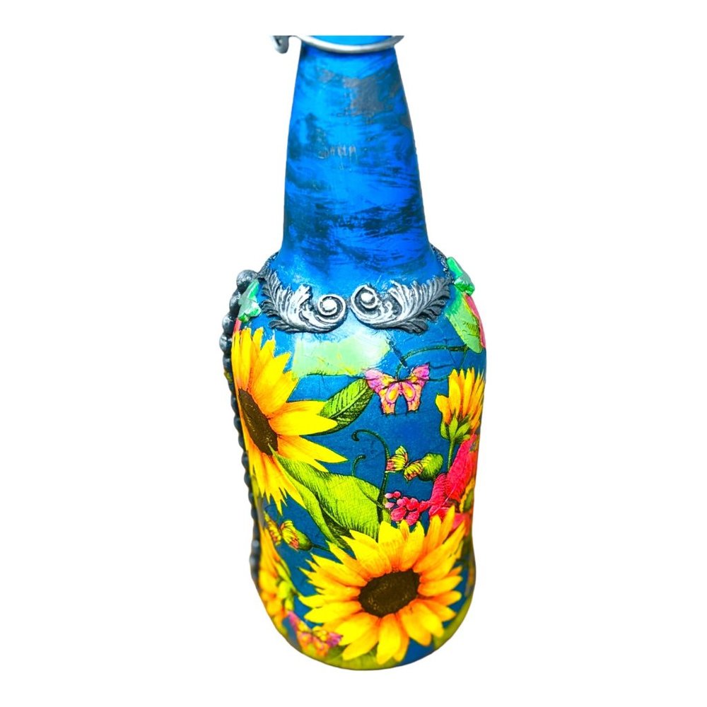 Hand Painted, Decoupaged and Molded Clay Grolsch-Style Bottle Poppy & Sunflowers - Picture 13 of 16